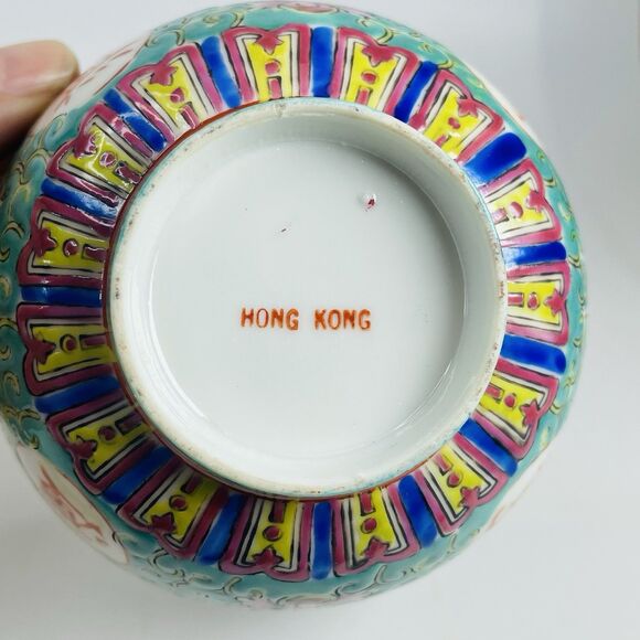 VTG Rice Bowls w Spoon Mun Shou Famille Rose Made in Hong Kong 4.5" Longevity - Picture 12 of 16